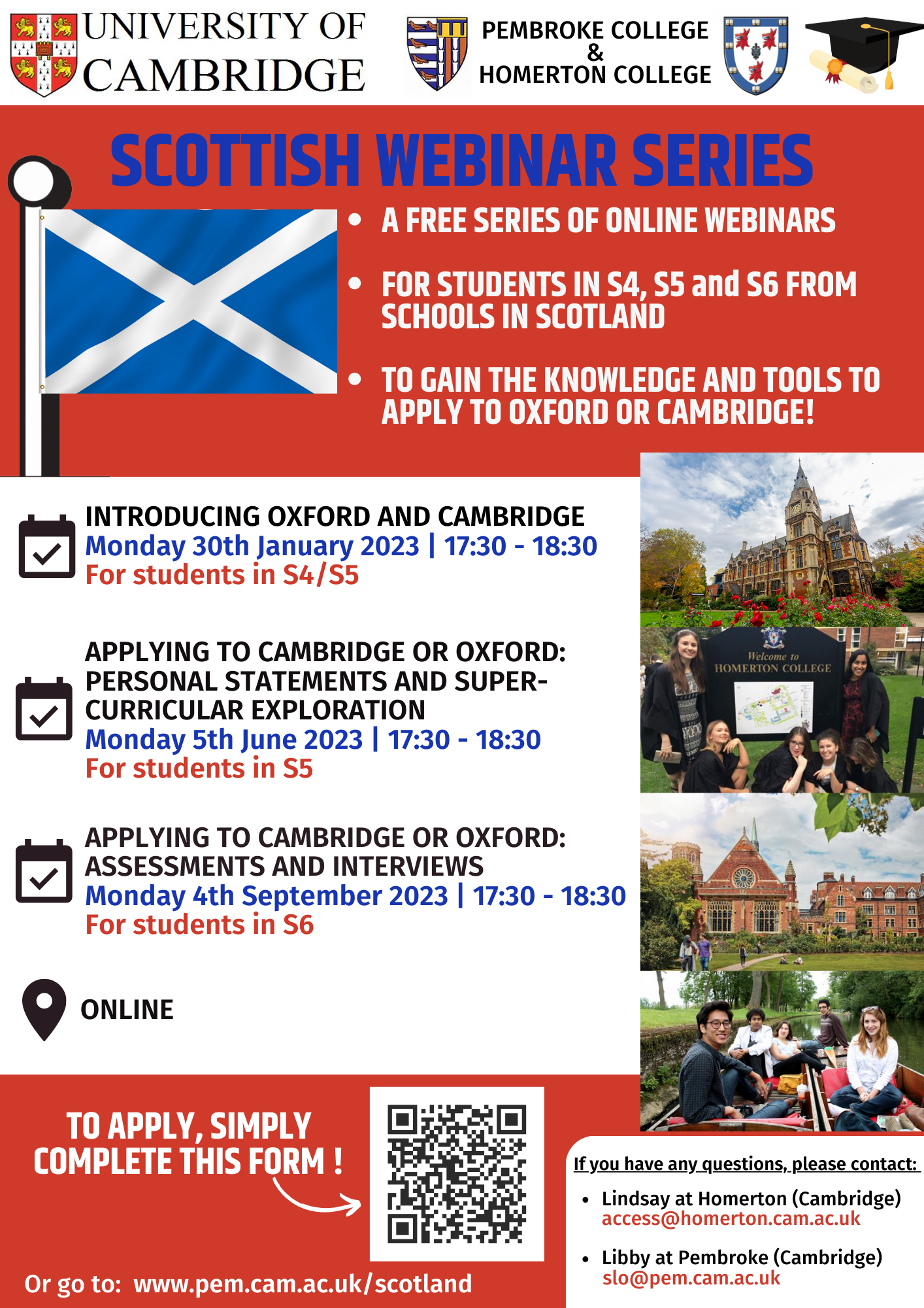 Scottish webinar series poster with Scottish flag and photos of Cambridge (same text as above)