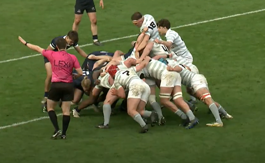 Connor Fairman (18) and Charles Favell (21) emerging from a scrum